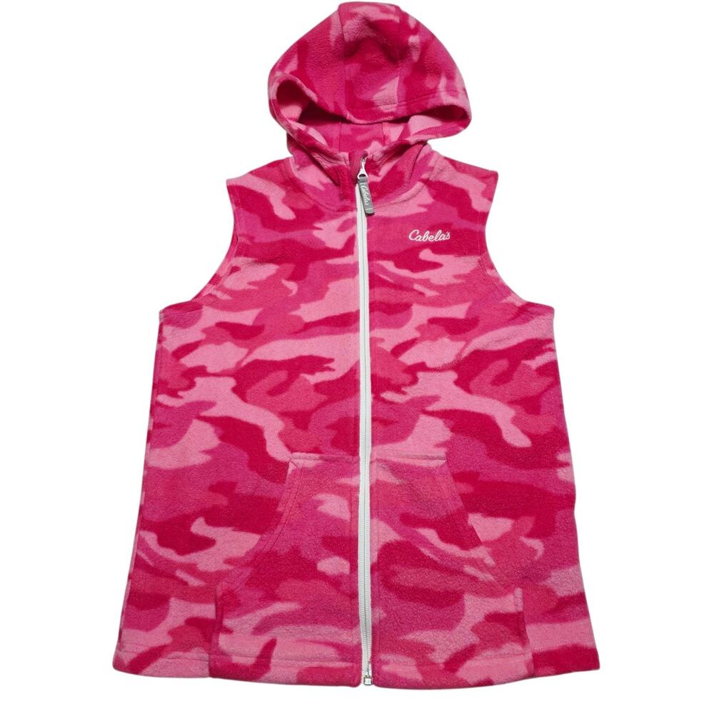 Cabelas Kids Youth Size Medium Pink Camo Camoflouge Hooded Fleece Vest Full Zip